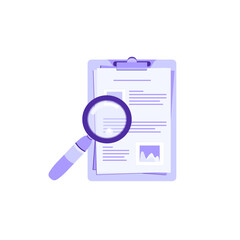 Flat vector illustration of clipboard with magnifying glass and document. Concept of planning, survey, quiz, to-do list or agreement, webinar or online education.