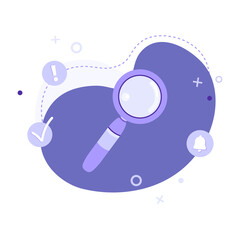 Flat vector illustration of magnifying glass with icons on abstract background. Search, planning, test, analysis, webinar or online education concept. Can be used for web banner, infographic, website