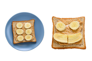 Peanut butter toast with banana slices isolated on white.