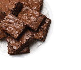 Flat lay view of a plate of fresh homemade brownies isolated on  white plate