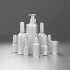Professional materials for the master of manicure and pedicure, bottles of gel polishes. 3d rendering