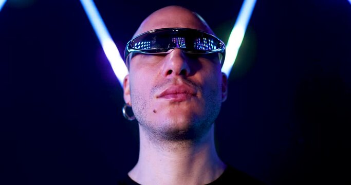 Man using cyber glasses in futuristic setting