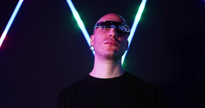 Man using cyber glasses in futuristic setting