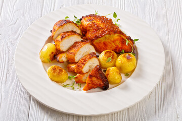 grilled chicken breasts with browned new potatoes