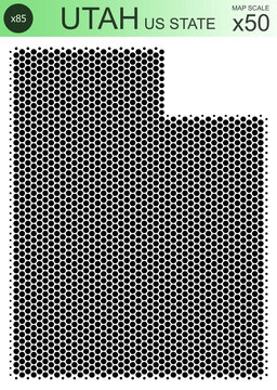 Dotted map of the state of Utah in the USA, from circles, on a scale of 50x50 elements. With smooth edges in black on a white background. With a dotted element size of 85 percent.