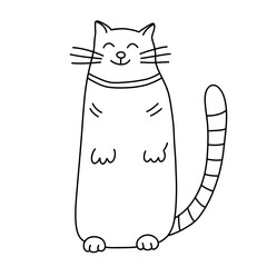 Happy cat in doodle style.  Hand drawn vector illustration. Isolated black outline