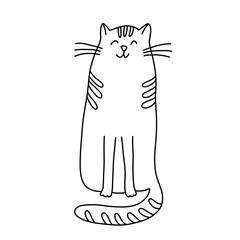 Sitting happy cat  in doodle style.  Hand drawn vector illustration. Isolated black outline.