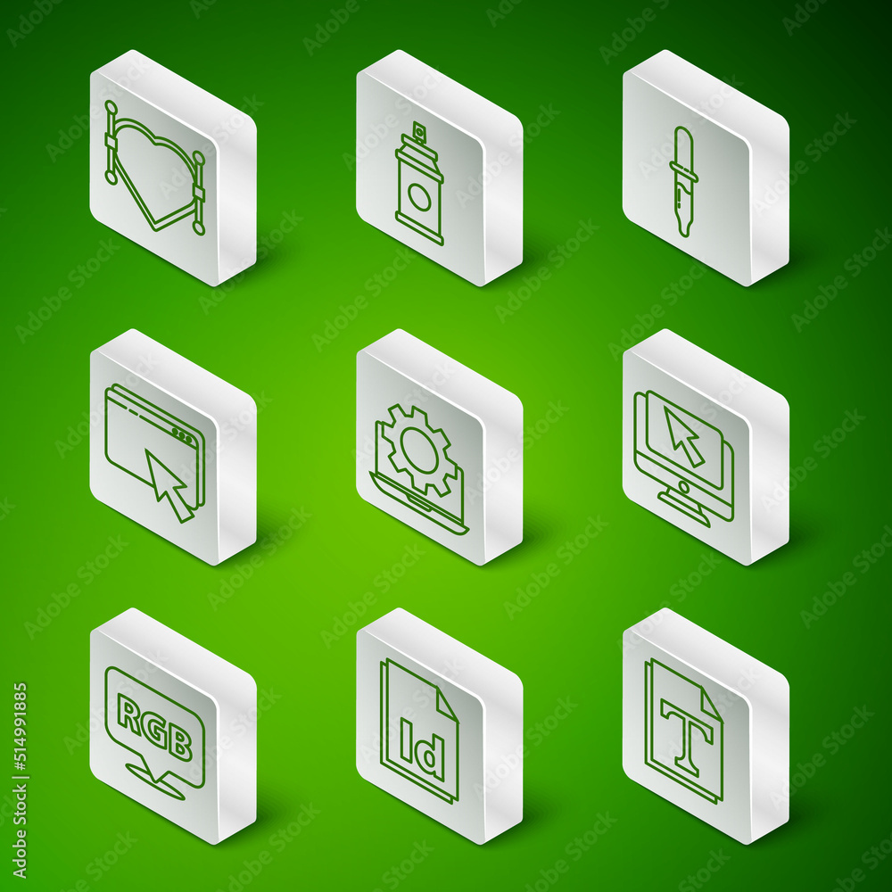 Poster set line text file document, id file, heart with bezier curve, laptop and gear, web design developme