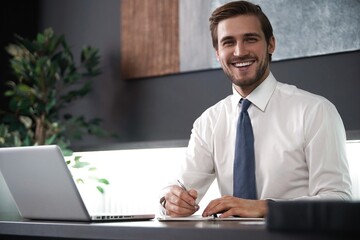 Portrait of young smiling man sitting at his desk in the office.