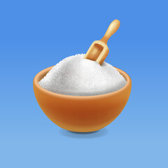 Clay bowl with white powder, salt, sugar or flour isolated on white background. Vector