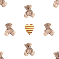 teddy bear and hearts watercolor seamless pattern