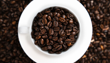 Fototapeta premium Coffee beans in a white cup on a coffee background. Banner. Top view. Close-up. Selective focus.