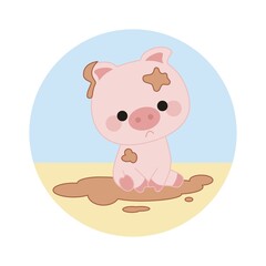 Cute sad kawaii style pig sitting in a mud puddle. Round background in the form of sand and sky.