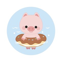 Cute joyful kawaii style pig bathing in an inflatable donut ring. Blue round background.