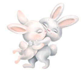 Cute couple bunny,  cartoon sweet lovely rabbits kissing, Love of two hares for Valentine card or wedding invitation