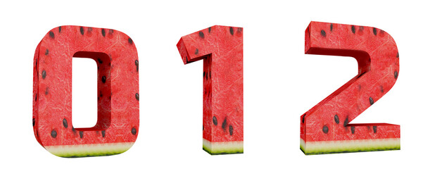 Fruit Alphabet. Watermelon numbers 0, 1, 2. 3d render font. Easy background removal.
