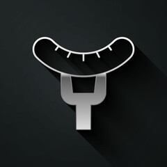 Silver Sausage on the fork icon isolated on black background. Grilled sausage and aroma sign. Long shadow style. Vector