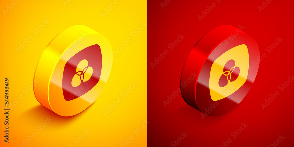Aufkleber isometric rgb and cmyk color mixing icon isolated on orange and red background. circle button. vecto