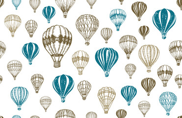 Hot air balloons flying. Hand drawn illustration.