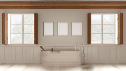 Romantic bathroom background with freestanding bathtub in white tones. Frame mockup. Two panoramic windows with wooden shutters and beam ceiling. Parquet, interior design