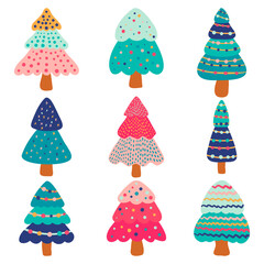 Christmas tree design set. Hand-drawn winter vector illustration