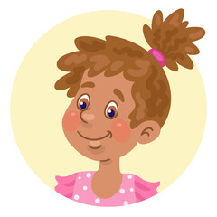 Portrait of a cute African American girl. Avatar icon in a circle. In cartoon style. Isolated on white background. Vector illustration.