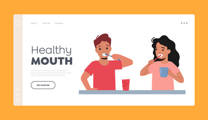 Healthy Mouth Landing Page Template. Little Boy and Girl Brushing Teeth, Kids Characters Hygiene Procedure after Bath