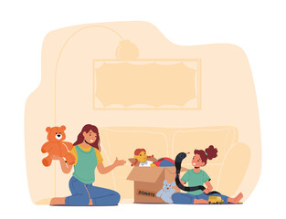 Charity Concept, Woman and Little Girl Take Toys from Carton Donation Box. Social Help to Orphan Kids, Aid to Children