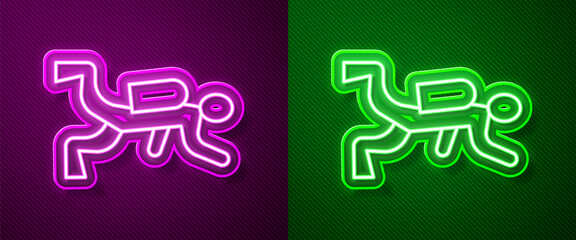 Glowing neon line Scuba diver icon isolated on purple and green background. Vector