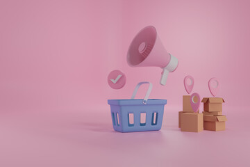 Promotion discount shopping online store concept,megaphone icon,smartphone or mobile digital buy online shopping payment,basket,cardboard box,bag and pin location,isolated pink background,3d rendering