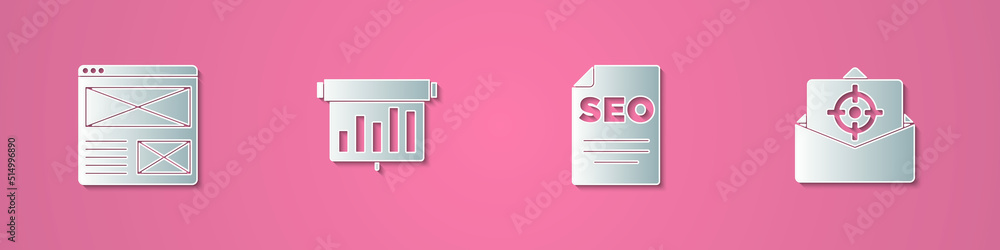 Poster set paper cut browser window, board with graph chart, seo optimization and mail and e-mail icon. pap