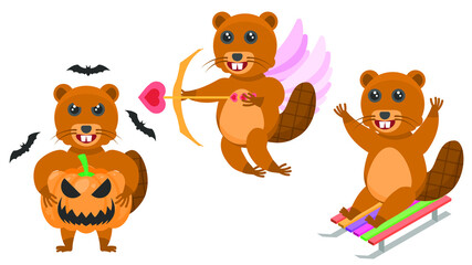 Set Abstract Collection Flat Cartoon Different Animal Beavers With A Pumpkin And Bats Around, Sledding, Cupid With Bow And Wings Style Elements Fauna Wildlife