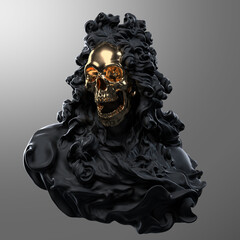 Concept illustration 3D rendering of baroque period black scary figure with golden screaming skull face isolated on grey background in dark art style.