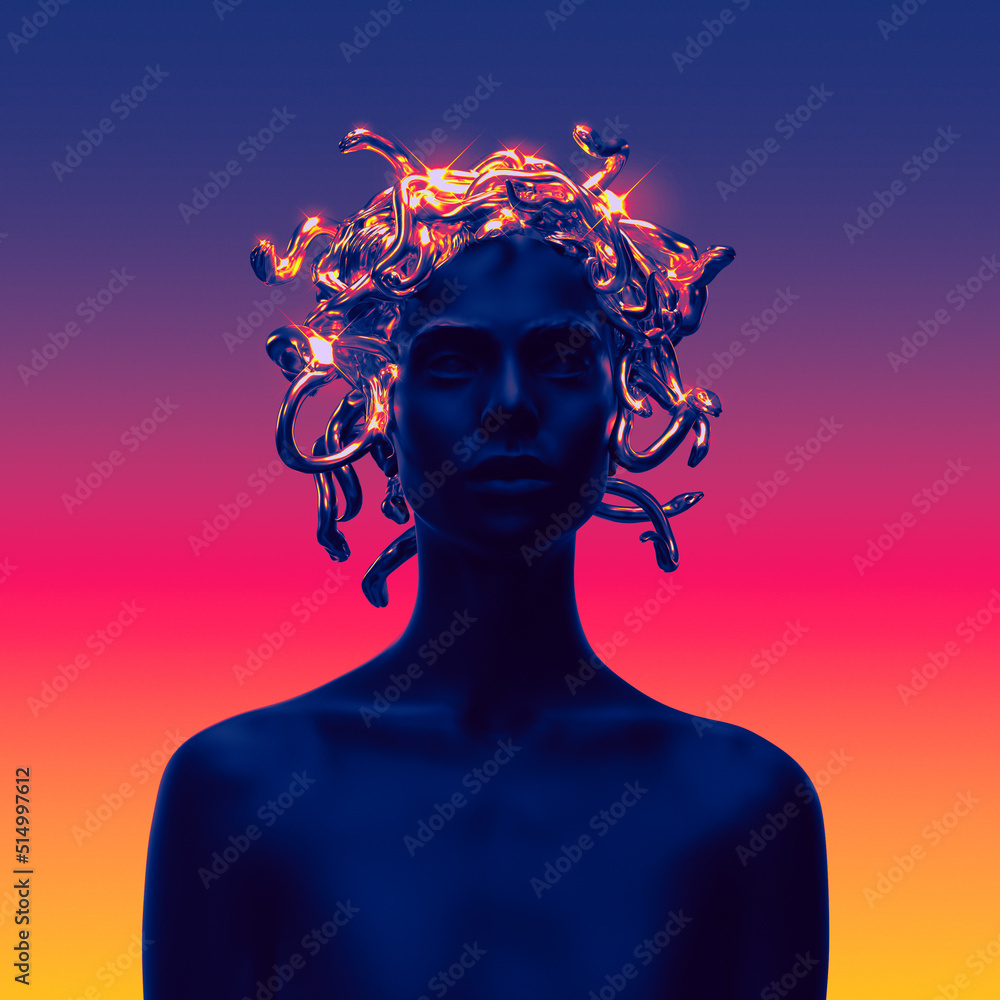 Poster abstract illustration from 3d rendering of black female frontal figure with golden shiny medusa snak