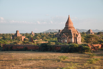 Buddhist temple in the ancient city of Bagan, Myanmar on a sunny day