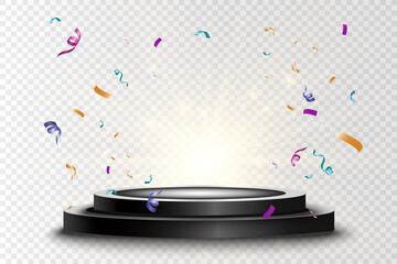 Round podium, pedestal or platform, illuminated by spotlights in the background. Vector illustration. Bright light. Light from above. Advertising place	