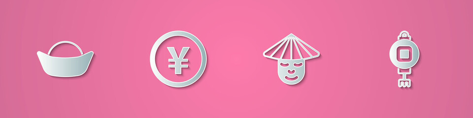 Set paper cut Sushi, Chinese Yuan currency, man and paper lantern icon. Paper art style. Vector