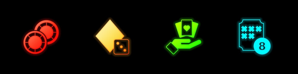 Set Casino chips, Game dice, Hand holding playing cards and Lottery ball on bingo icon. Vector