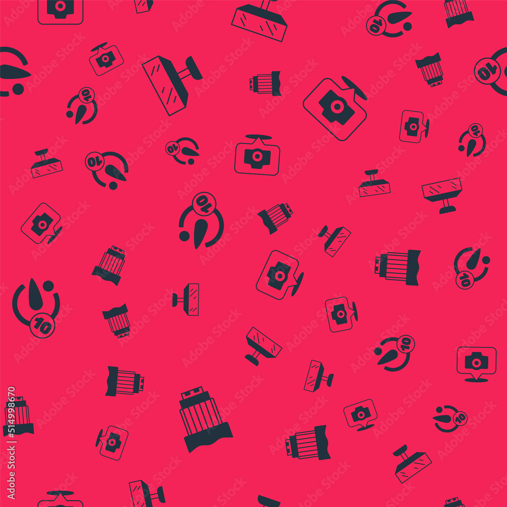 Poster set camera photo lens, softbox light, timer and photo camera on seamless pattern. vector