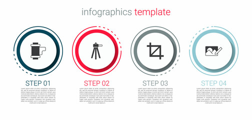 Set Camera roll cartridge, Tripod, Picture crop photo and Photo retouching. Business infographic template. Vector