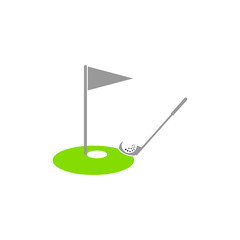 Golf tournament icon with realistic golf club, flag and golf ball