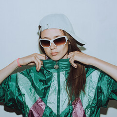 Cool teenager. Fashionable girl in colorful trendy jacket and vintage retro sunglasses in 80s - 90s...