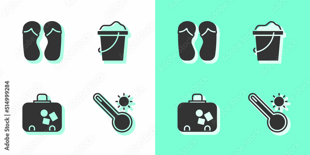 Sticker Set Meteorology thermometer, Flip flops, Suitcase and Sand in bucket icon. Vector