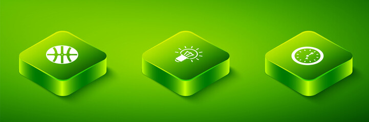 Set Isometric Light bulb, Clock and Basketball ball icon. Vector