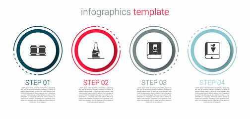 Set Wooden barrel for wine, Bottle of, Book about and grapes. Business infographic template. Vector