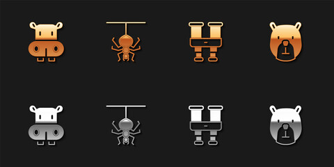 Set Hippo or Hippopotamus, Spider, Binoculars and Bear head icon. Vector