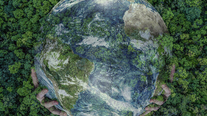 Aerial top view green forest with earth, Green planet in your hands, Save Earth, Texture of forest...