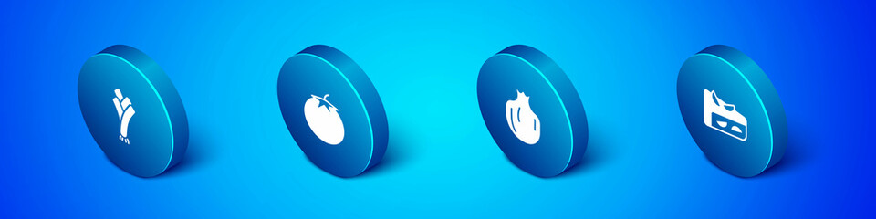 Set Isometric Leek, Pomegranate, Homemade fruit pie and Tomato icon. Vector