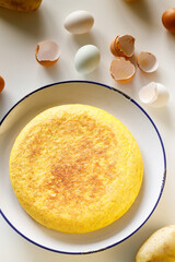  Close up shot of spanish omelette made of eggs and potatoes. Tortilla espanola.