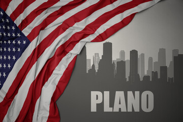 abstract silhouette of the city with text Plano near waving national flag of united states of america on a gray background. 3D illustration